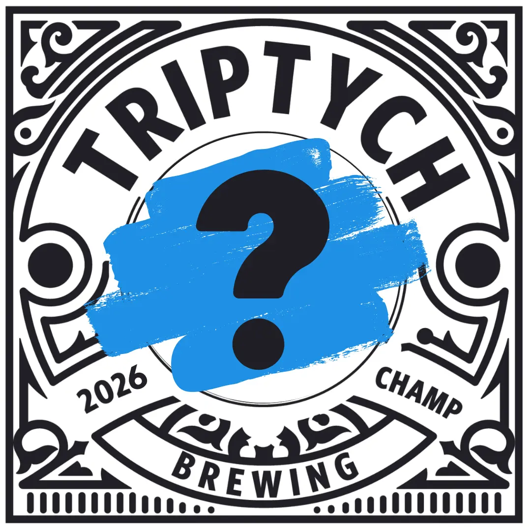 Question Mark in the center of a Triptych Brewing lable